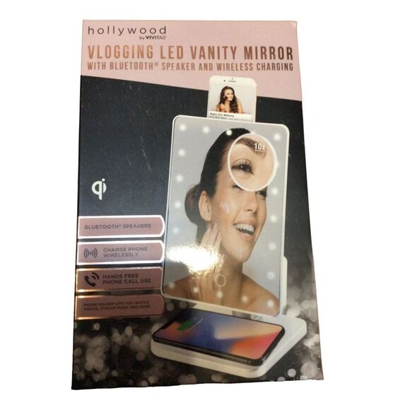 Hollywood By Vivitar LED Vanity Mirror With Bluetooth Speaker And Wireless Charg - Picture 1 of 3